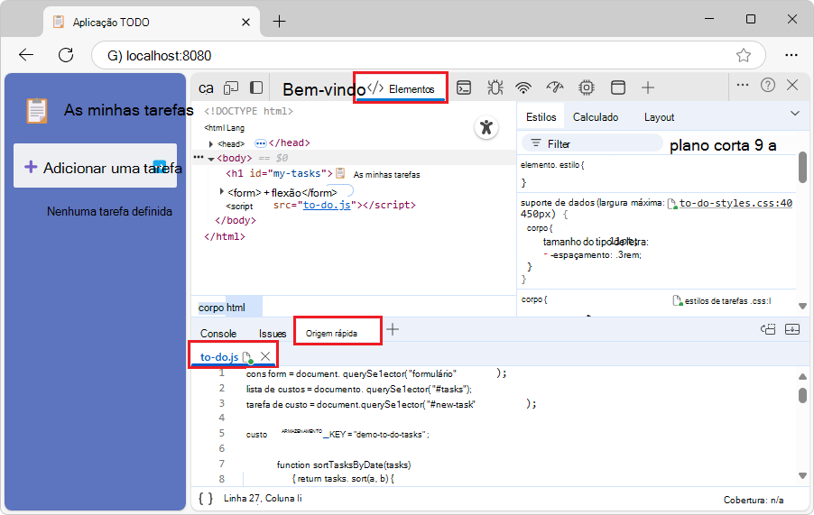 A ferramenta de origem rápida, que contém o ficheiro de .js aberto