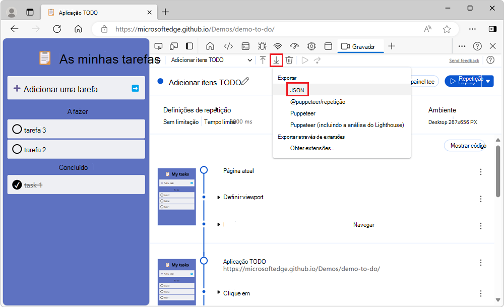 O menu pendente Do botão Exportar e a opção JSON