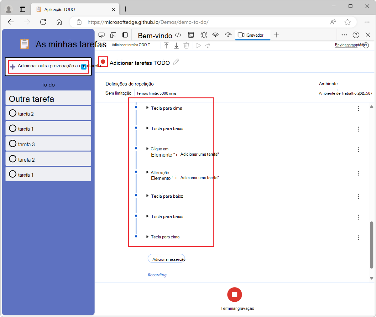 As interações do utilizador gravadas são apresentadas como uma lista na ferramenta Gravador
