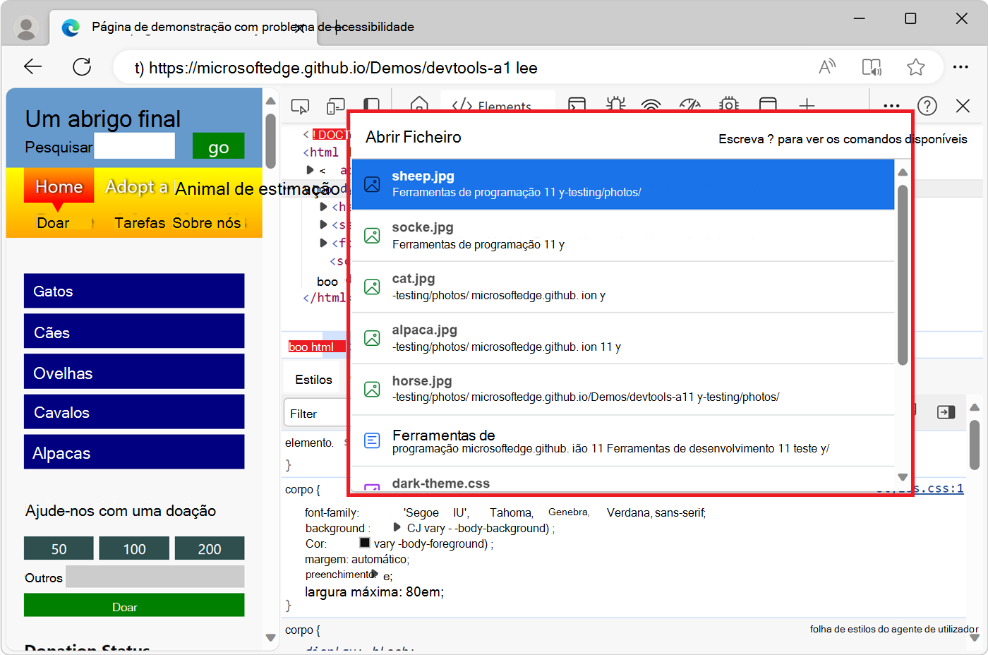 O Menu de Comandos a apresentar a lista Abrir Ficheiro