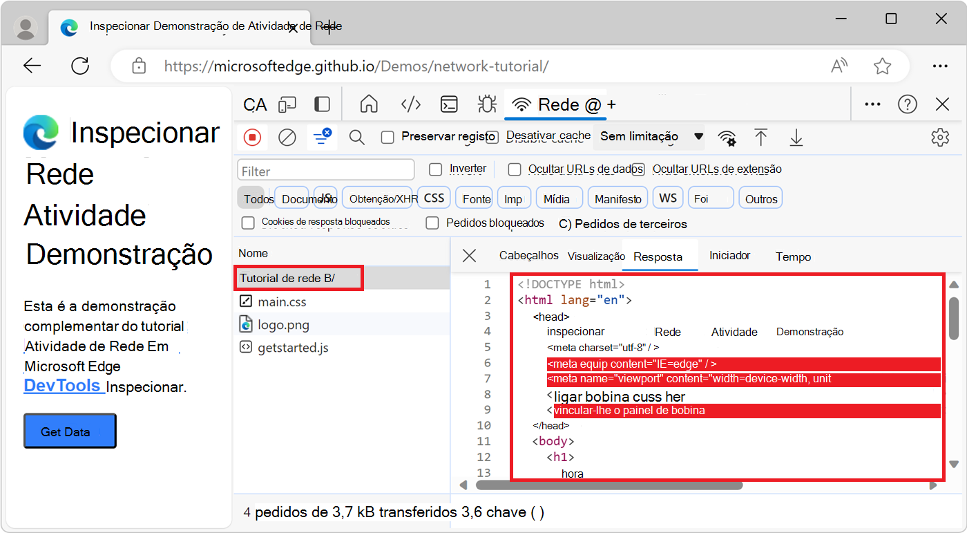 Inspecionar um recurso na ferramenta Rede