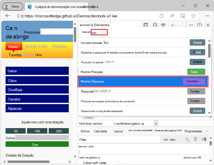 O Menu de Comandos com o item Mostrar Pesquisa selecionado