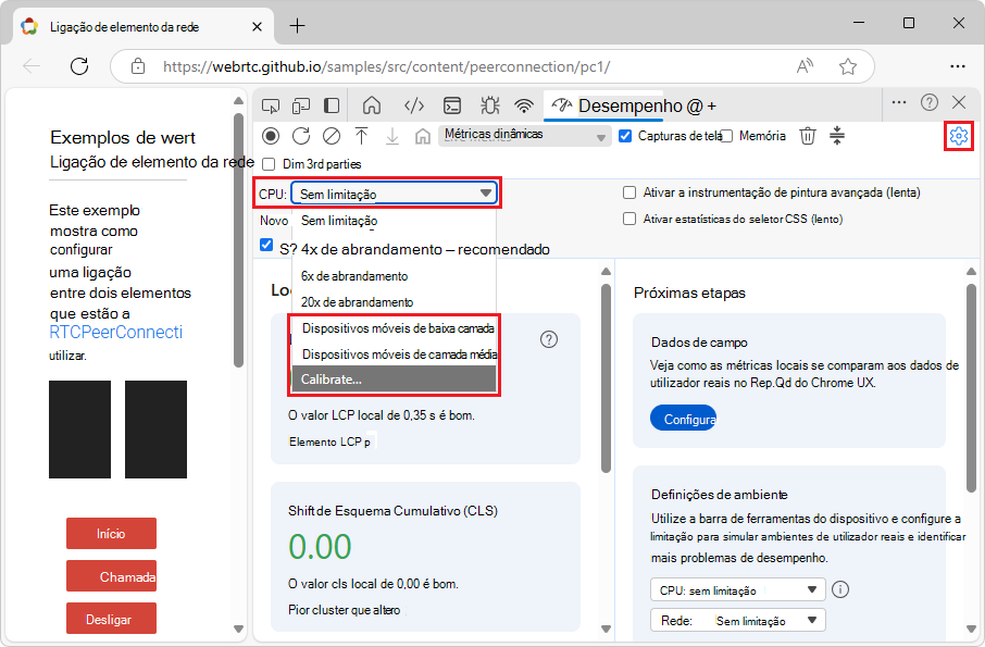O menu pendente limitação da CPU antes da calibragem