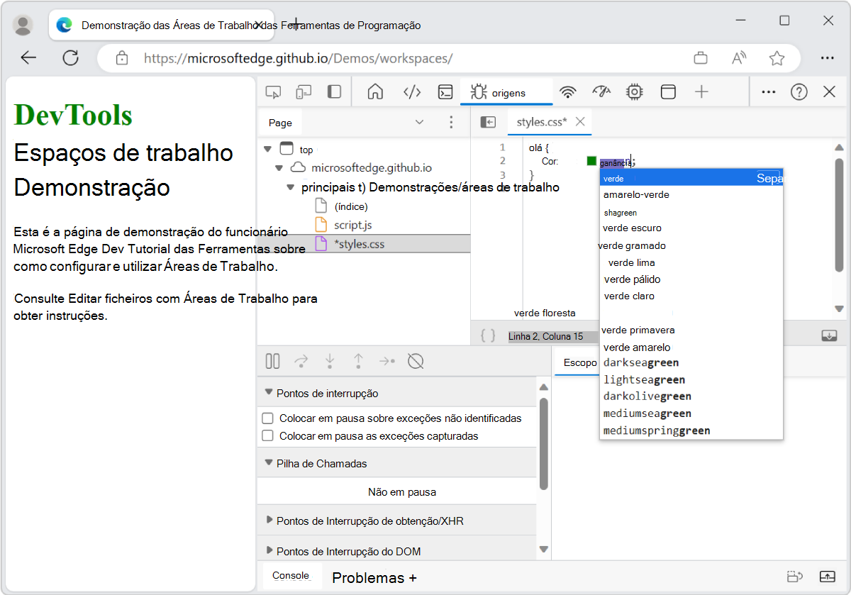 Editar CSS no painel Editor para alterar a cor do texto do cabeçalho H1 para verde