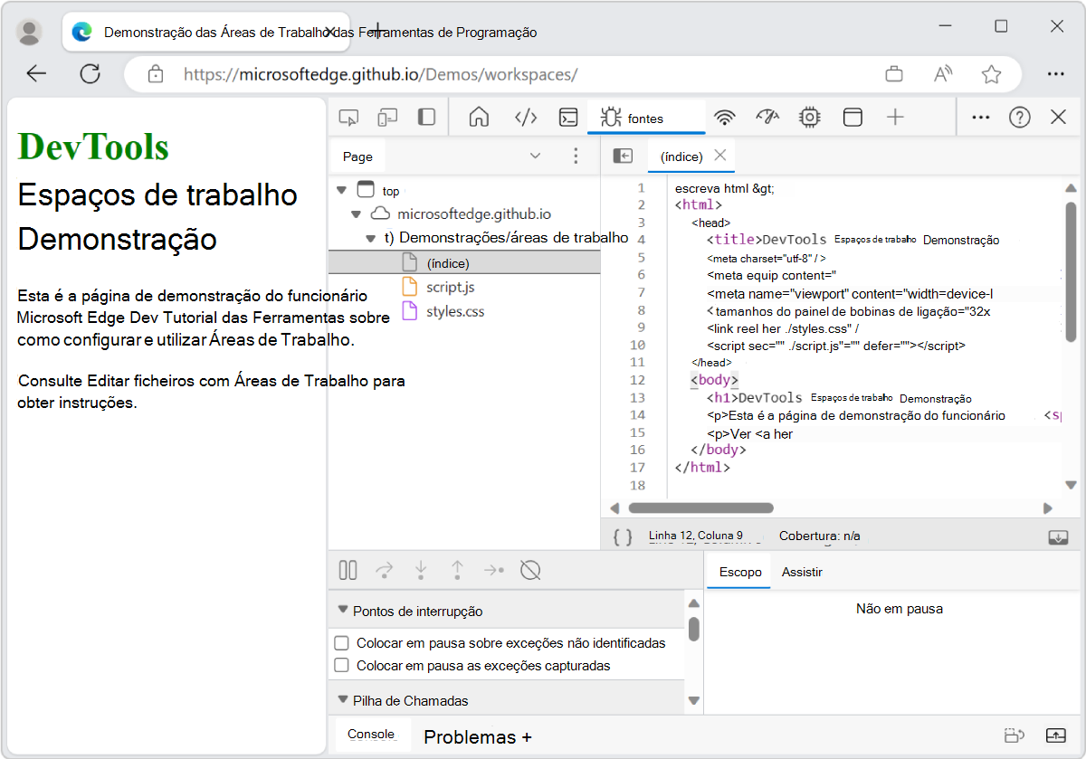 O editor de HTML da ferramenta Origens