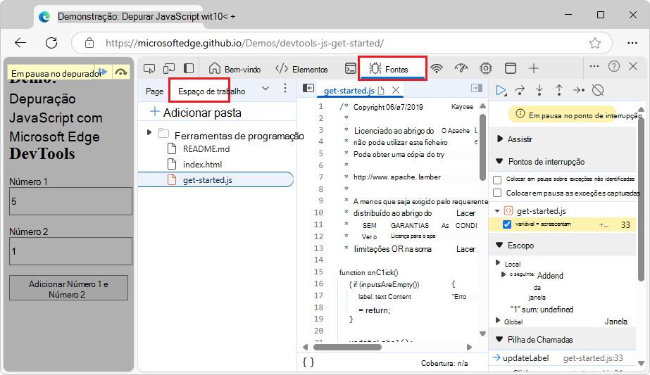 O separador Área de Trabalho na ferramenta Origens