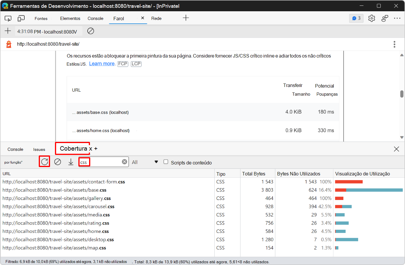 O novo relatório Cobertura, que mostra agora os ficheiros CSS