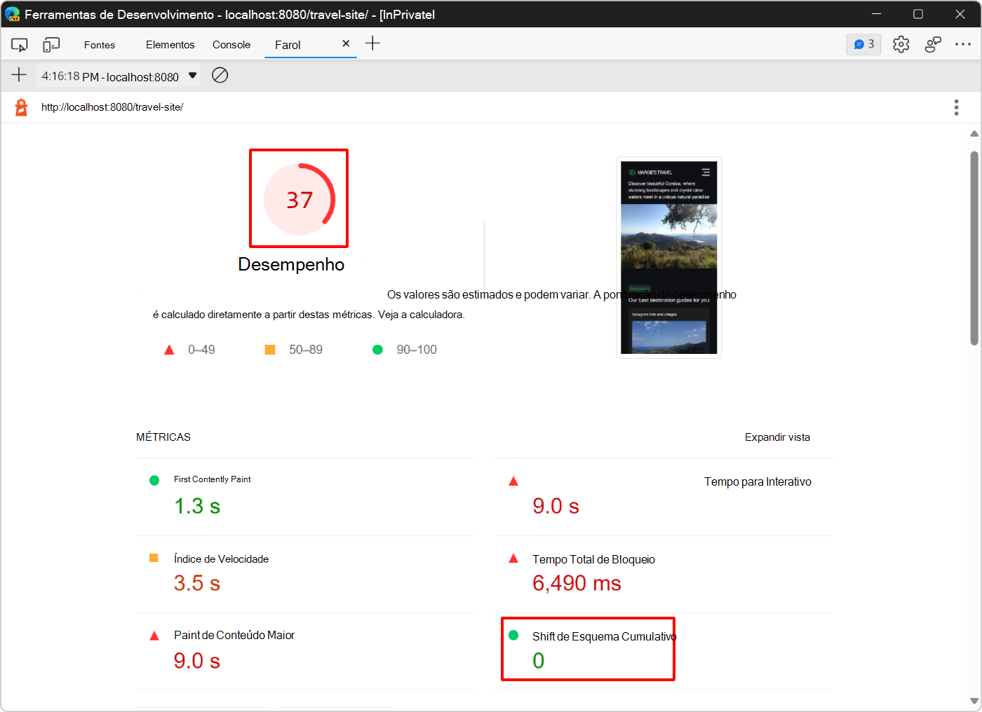 O relatório de ferramentas do Lighthouse a mostrar uma classificação melhor após as alterações de proporção