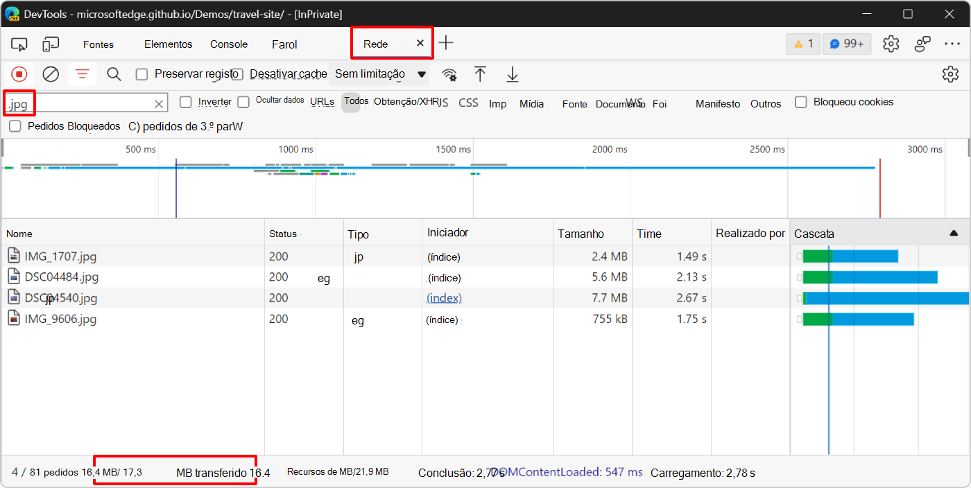 A ferramenta Rede, que mostra os quatro pedidos de imagem e a quantidade total de dados transferidos