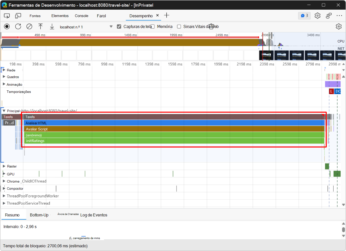 Eventos na secção Principal da ferramenta Desempenho