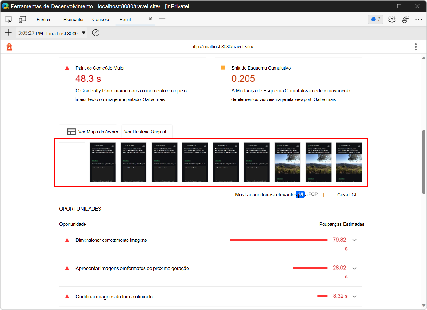 Série de capturas de ecrã a mostrar o aspeto da página durante o carregamento
