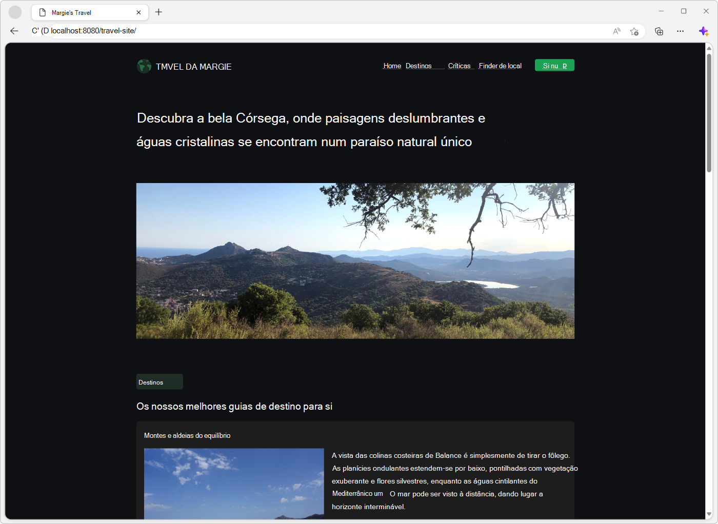 Demonstração do site de viagens no Microsoft Edge