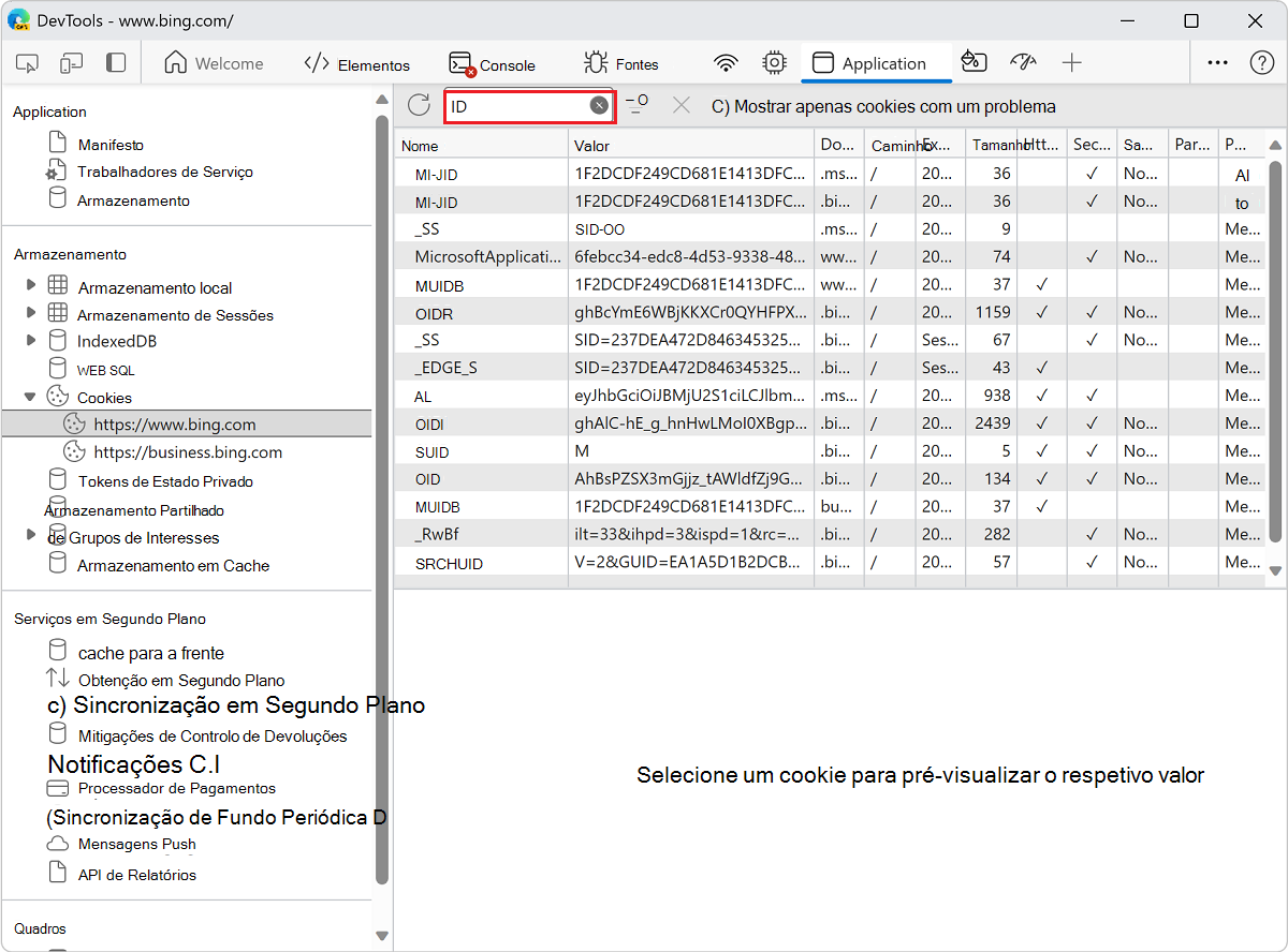 Filtrar quaisquer cookies que não contenham o ID de texto