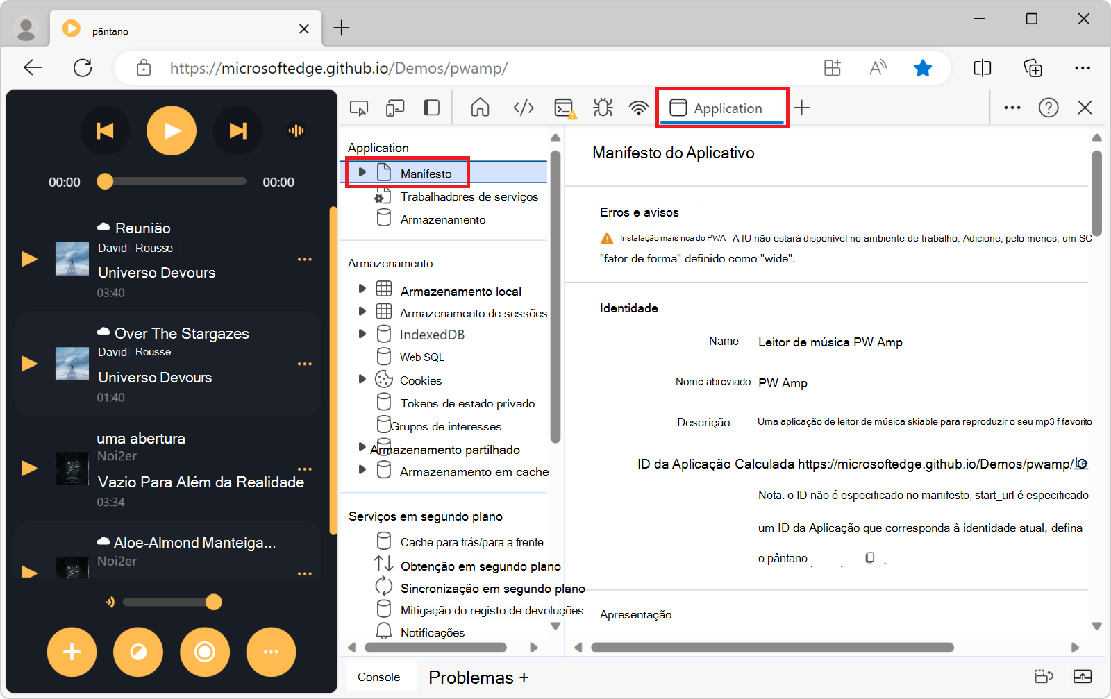O painel Manifesto da ferramenta Aplicativo