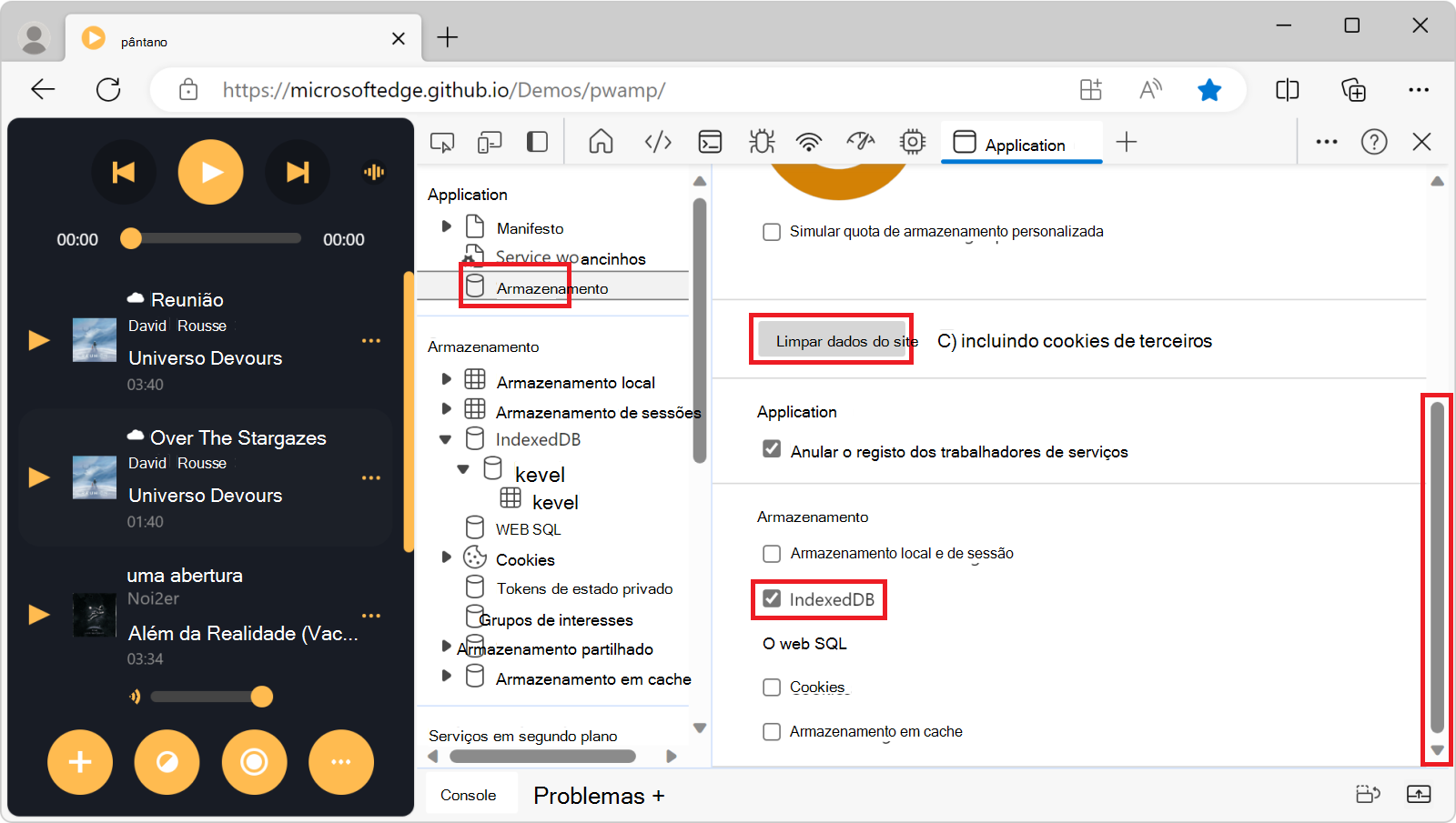 O painel Armazenamento, mostrando as várias caixas de seleção de armazenamento e o botão Limpar dados do site