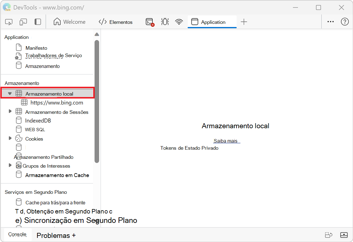 O menu Armazenamento Local