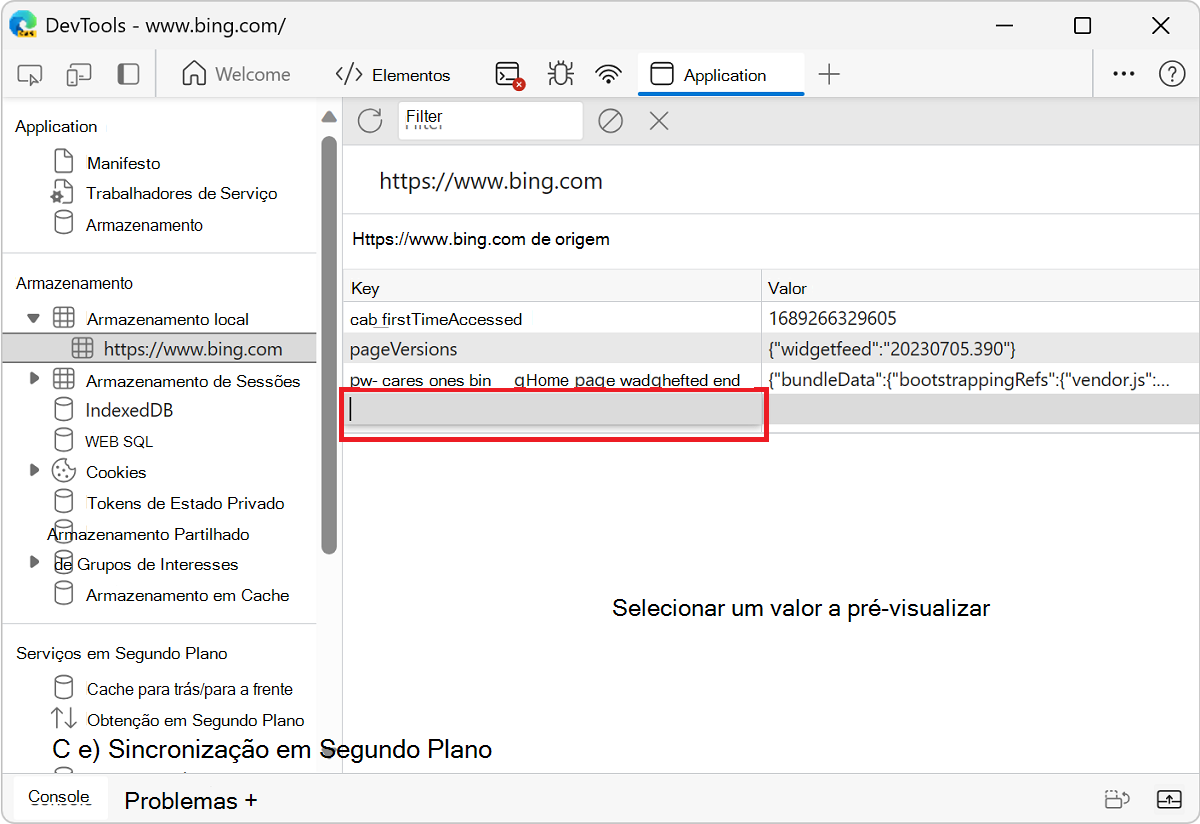 A parte vazia da tabela para fazer duplo clique para criar um novo par chave-valor