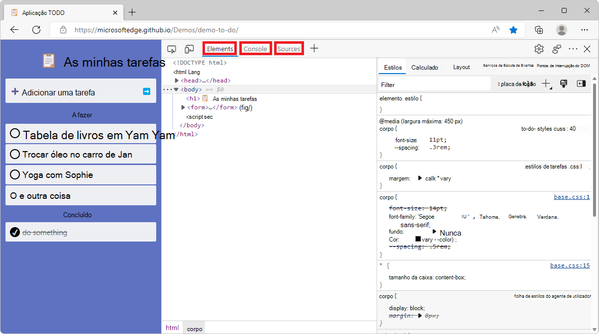 Painéis e barras laterais de DevTools