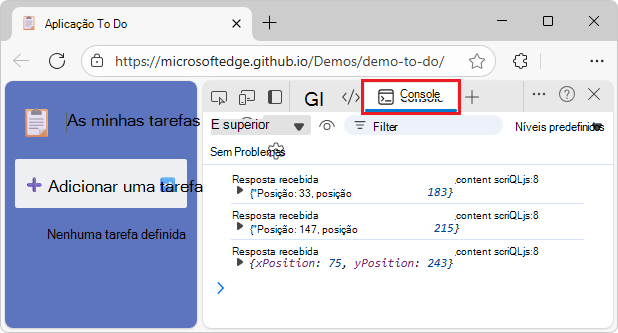 Coordenadas na ferramenta Consola