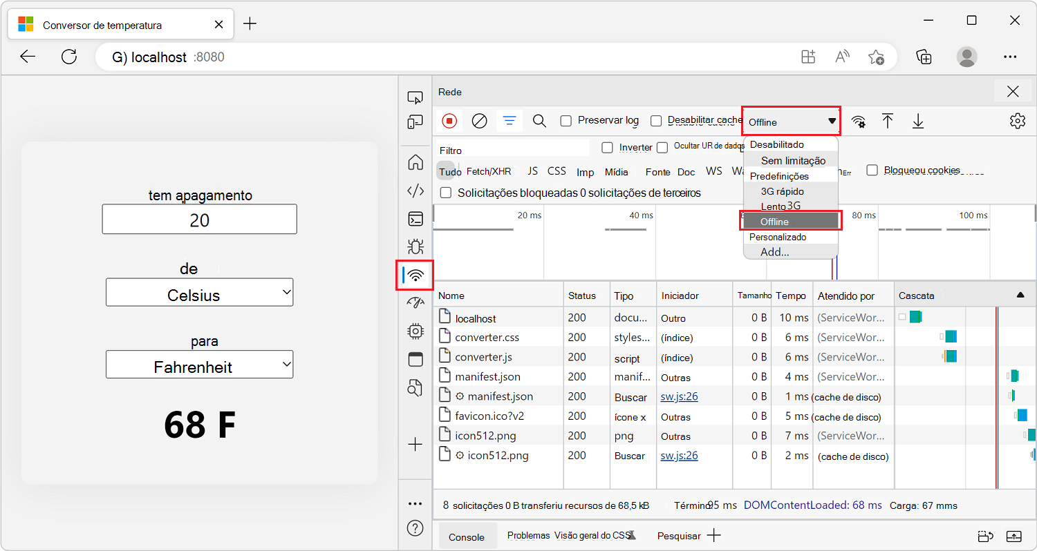 DevTools, mostrando onde alternar o valor de limitação para Offline