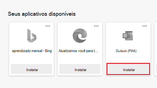 Aplicativos disponíveis mostrados na página Aplicativos com o botão de instalação realçado