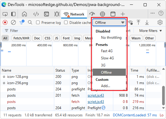 Limitação de rede do DevTools: offline