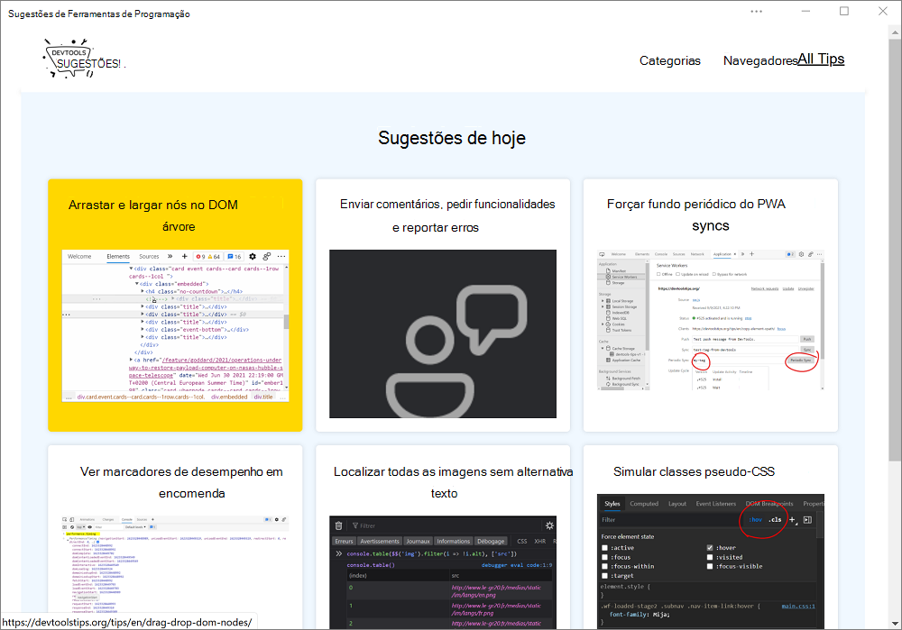 O aplicativo Dicas do DevTools