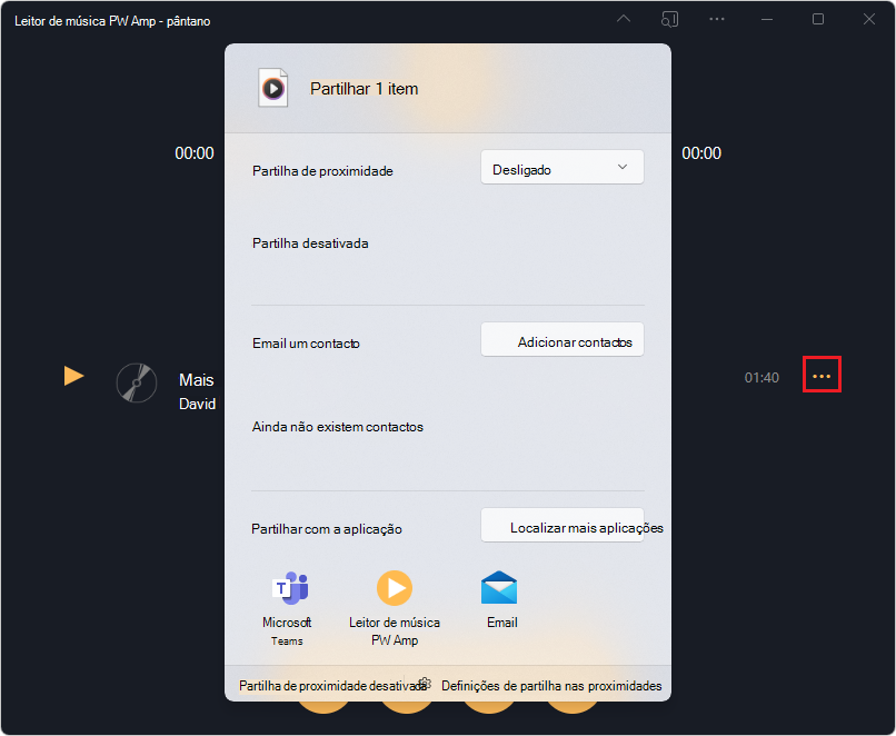 A caixa de diálogo Compartilhar do Windows, para escolher qual aplicativo recebe o conteúdo compartilhado