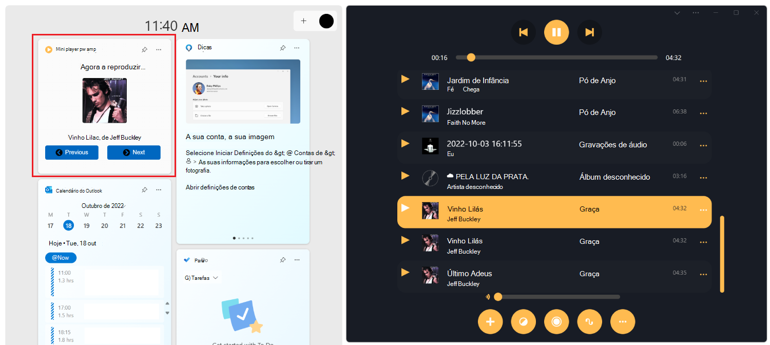 Windows Widgets Board, ao lado do aplicativo de demonstração PWAmp. O Quadro de Widgets contém o widget mini player PWAmp, mostrando a música atual tocando no aplicativo PWAmp