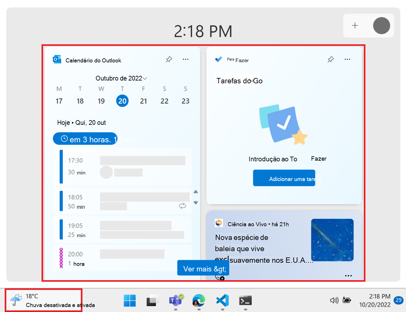 O quadro Widgets no Windows 11
