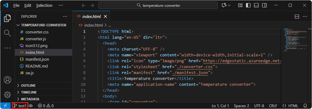 O ramo test1 indicado no canto inferior esquerdo do VS Code