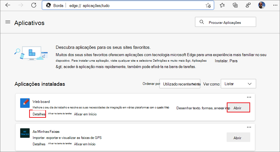 A lista de aplicações instaladas no edge://apps