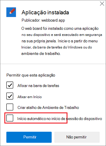 A caixa de diálogo pós-instalação é aberta automaticamente após a instalação de uma aplicação
