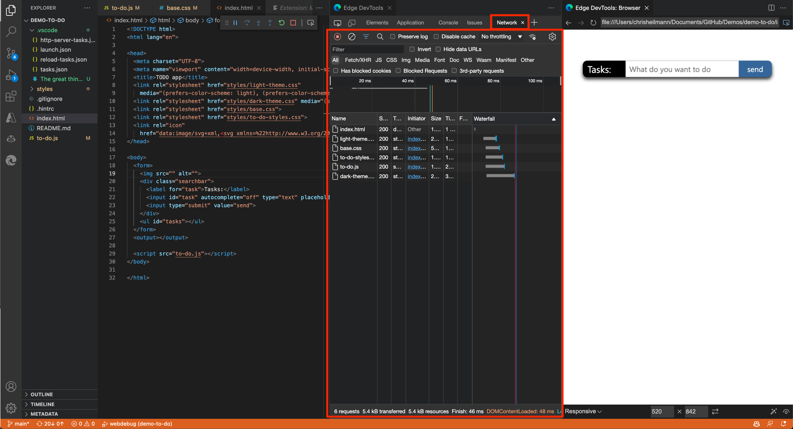 A ferramenta rede dentro das DevTools do Edge para Visual Studio Code extensão