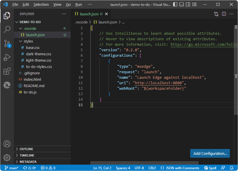 Remover um ficheiro de launch.json incorreto