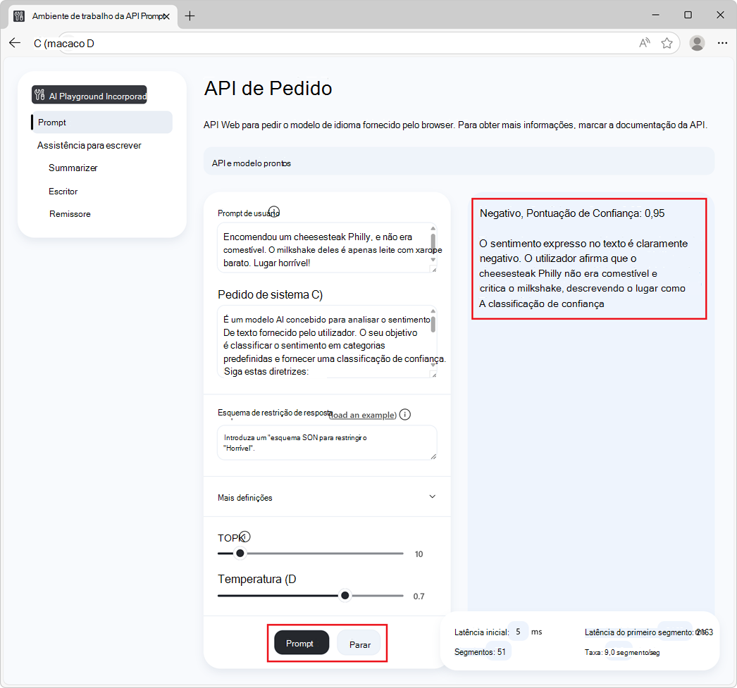 A página Demonstração de pedidos com definições e um botão Desativar