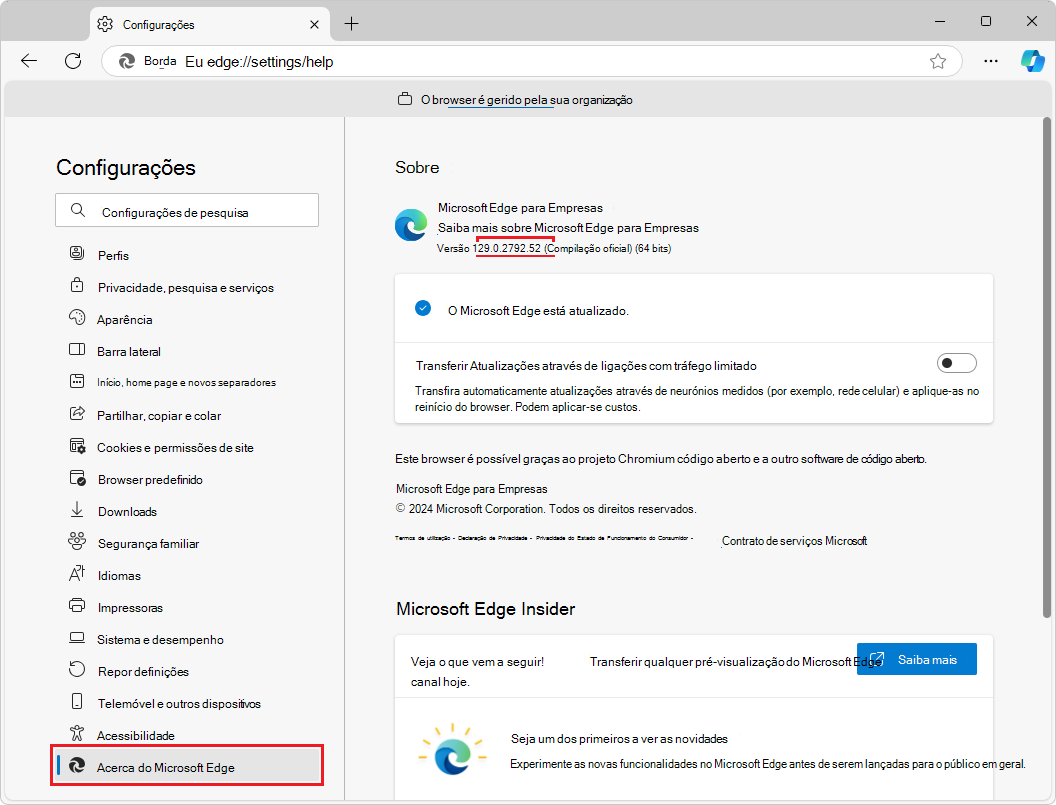 O número de compilação do Microsoft Edge a 28 de setembro de 2024
