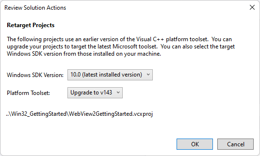 Caixa de diálogo 'Revisar Ações de Solução' do Visual Studio, solicitando a Retarget Projects