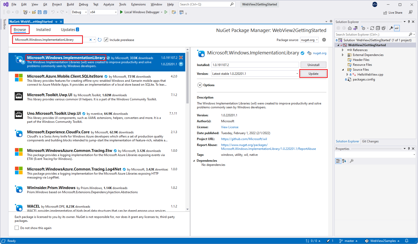 Selecionando o pacote 'Microsoft.Windows.ImplementationLibrary' no Gerenciador de Pacotes NuGet no Visual Studio