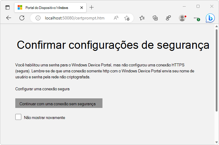 A página 'Confirmar configurações de segurança' na guia 'Portal de Dispositivos do Windows'