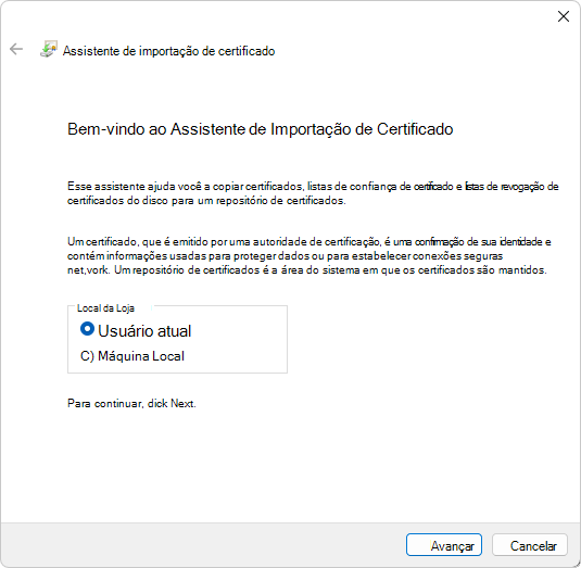 A caixa de diálogo 'Bem-vindo ao Assistente de Importação de Certificado'