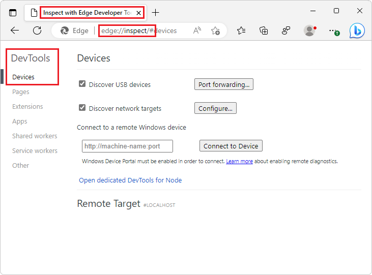 Página do utilitário DevTools Inspect