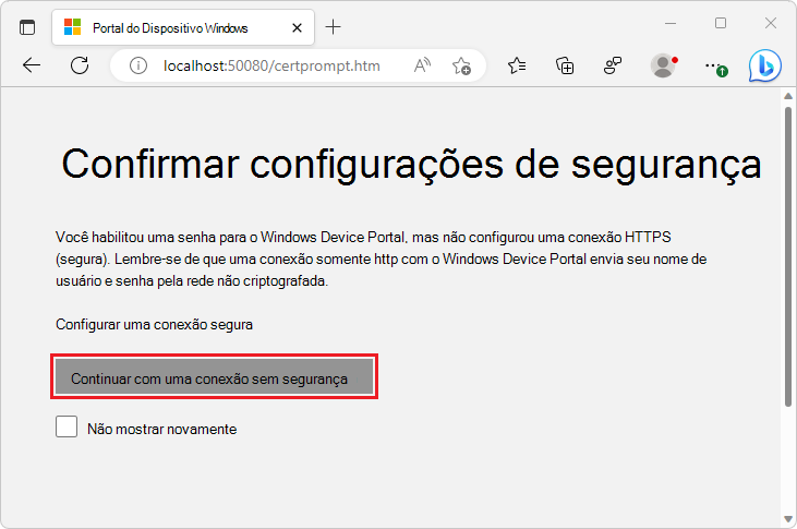 A página 'Confirmar configurações de segurança' na guia 'Portal de Dispositivos do Windows'