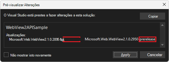 A caixa de diálogo Pré-visualizar Alterações para o pacote NugGet WebView2