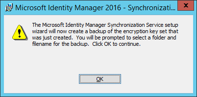 Captura de ecrã que mostra o aviso sobre a chave de encriptação de backup do MIM Sync.