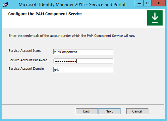 Credenciais da conta de serviço do Componente PAM - captura de ecrã