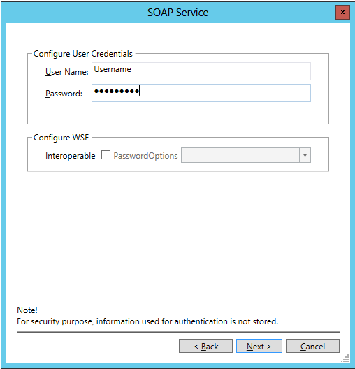 Ecrã do serviço SOAP com nome de utilizador e palavra-passe