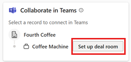 Captura de ecrã do cartão Colaborar no Teams no Copilot for Sales para Outlook, com o botão Configurar sala de negócios realçado.