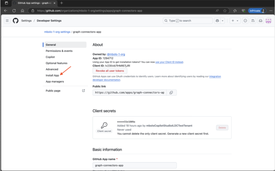 Captura de ecrã do GitHub com Instalar Aplicação realçado