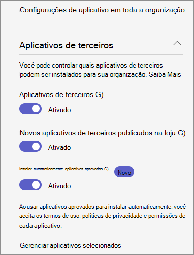 Captura de tela mostrando a opção Instalar automaticamente aplicativos aprovados no centro de administração que deve estar habilitado para usar o recurso.